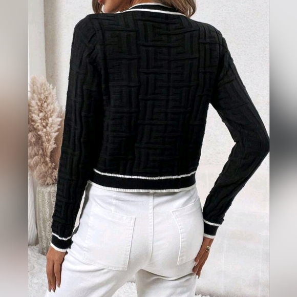 New Luxe Textured Knit Contrast Trim Button Cardigan Sweater Black White - Picture 3 of 6